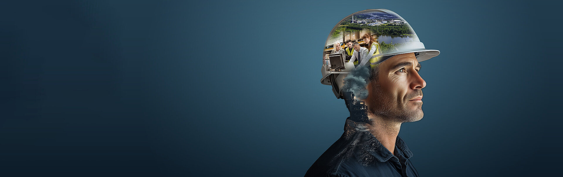 Mann mit Baustellenhelm auf dem Kopf, in dem Bilder sichtbar sind.