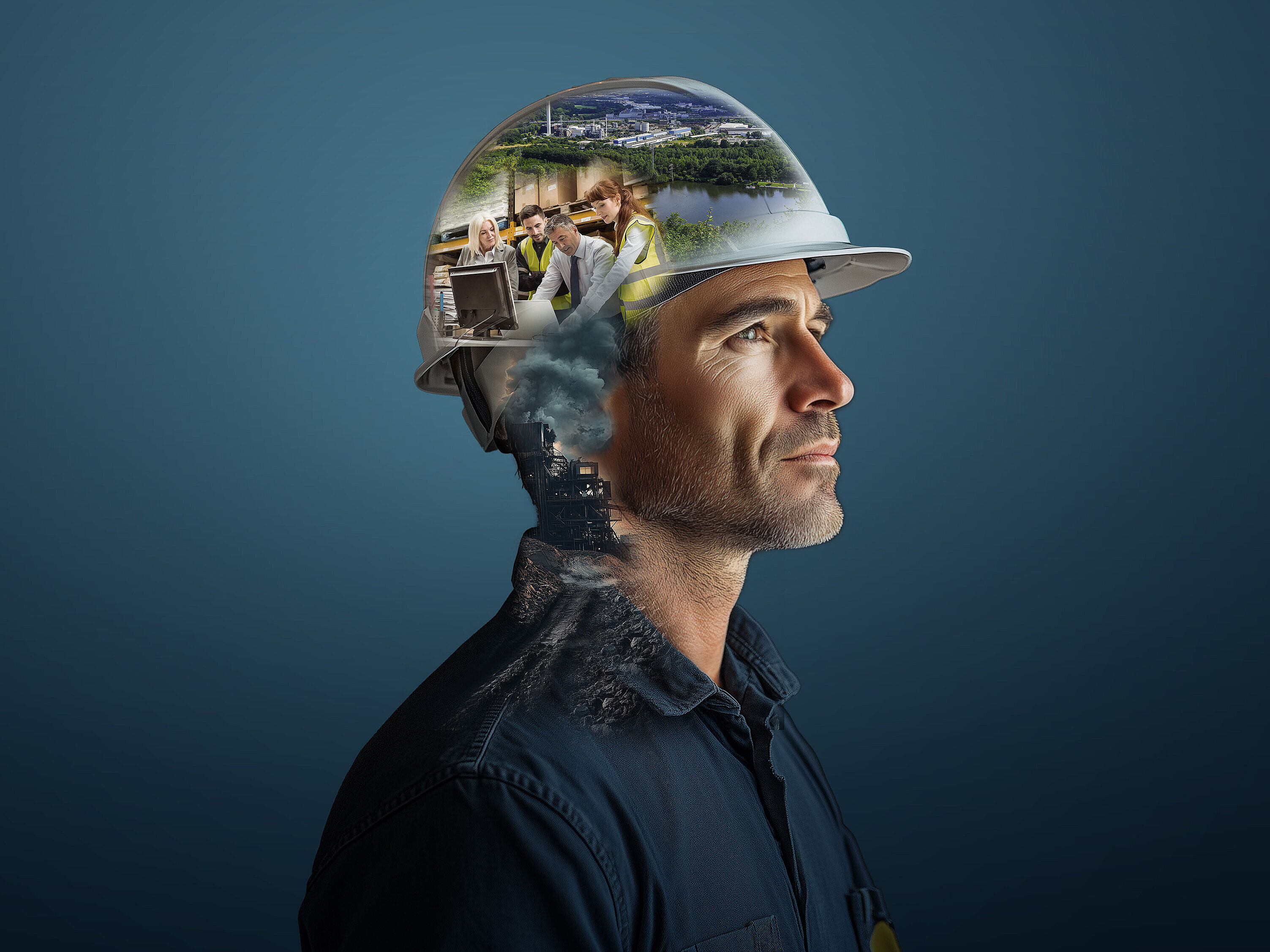 Mann mit Baustellenhelm auf dem Kopf, in dem Bilder sichtbar sind.