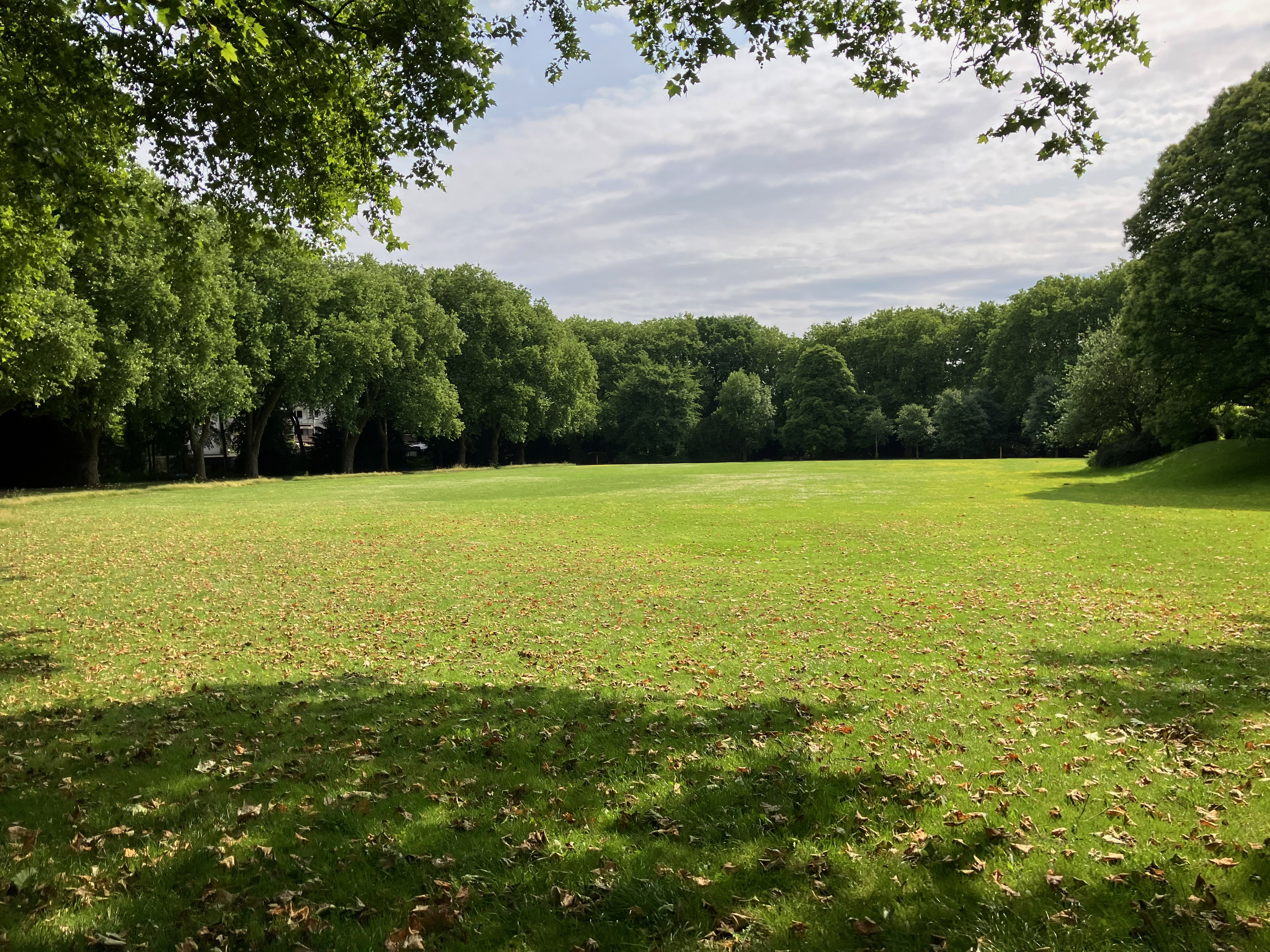 Abbildung des Ruhrparks. Zu sehne ist eine grüne Fläche mit Bäumen und einem bewölkten Himmel